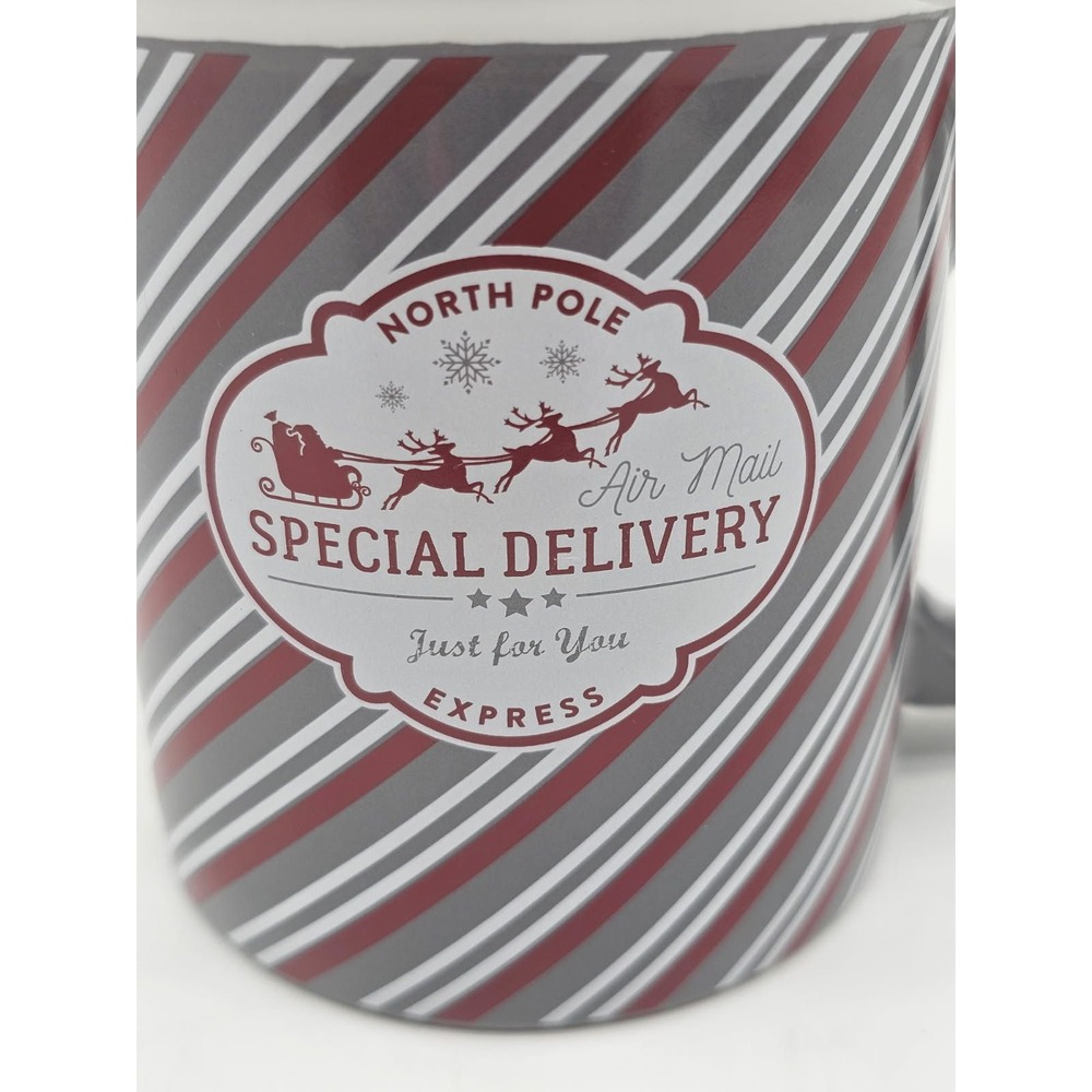 Christmas Holiday Mug Standard Grey Red White North Pole Sleigh
